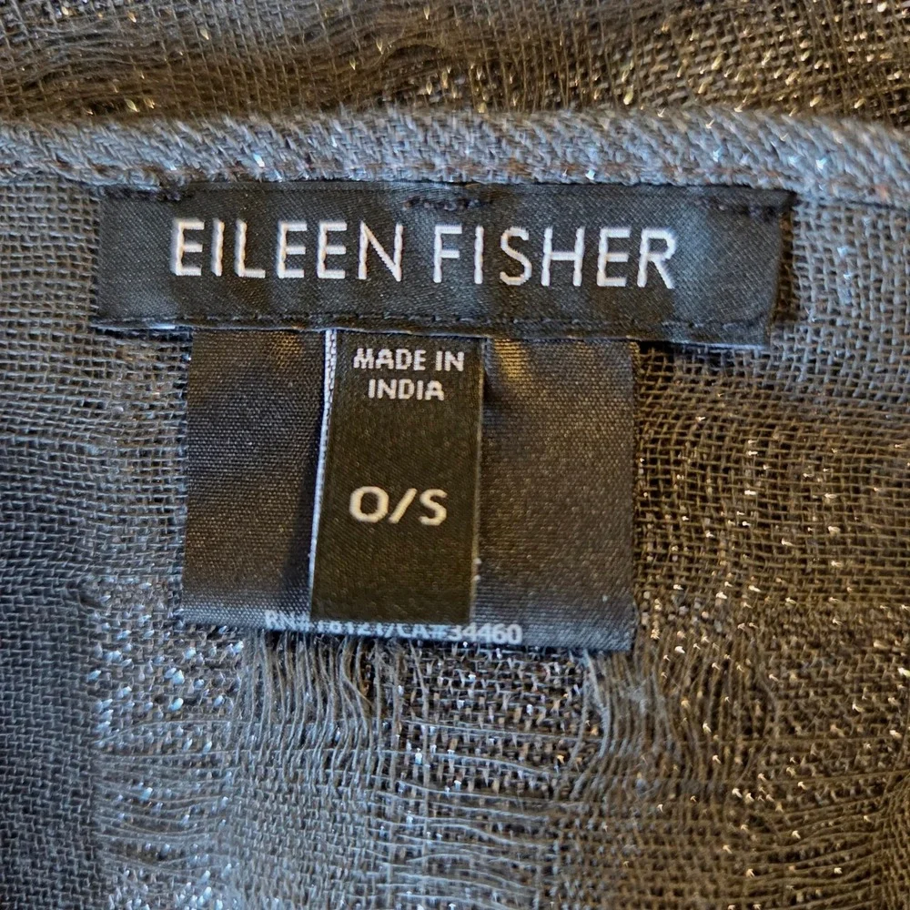 Eileen Fisher Charcoal Grey Silver Metallic Wool Fringe Scarf Shawl Wrap O/S